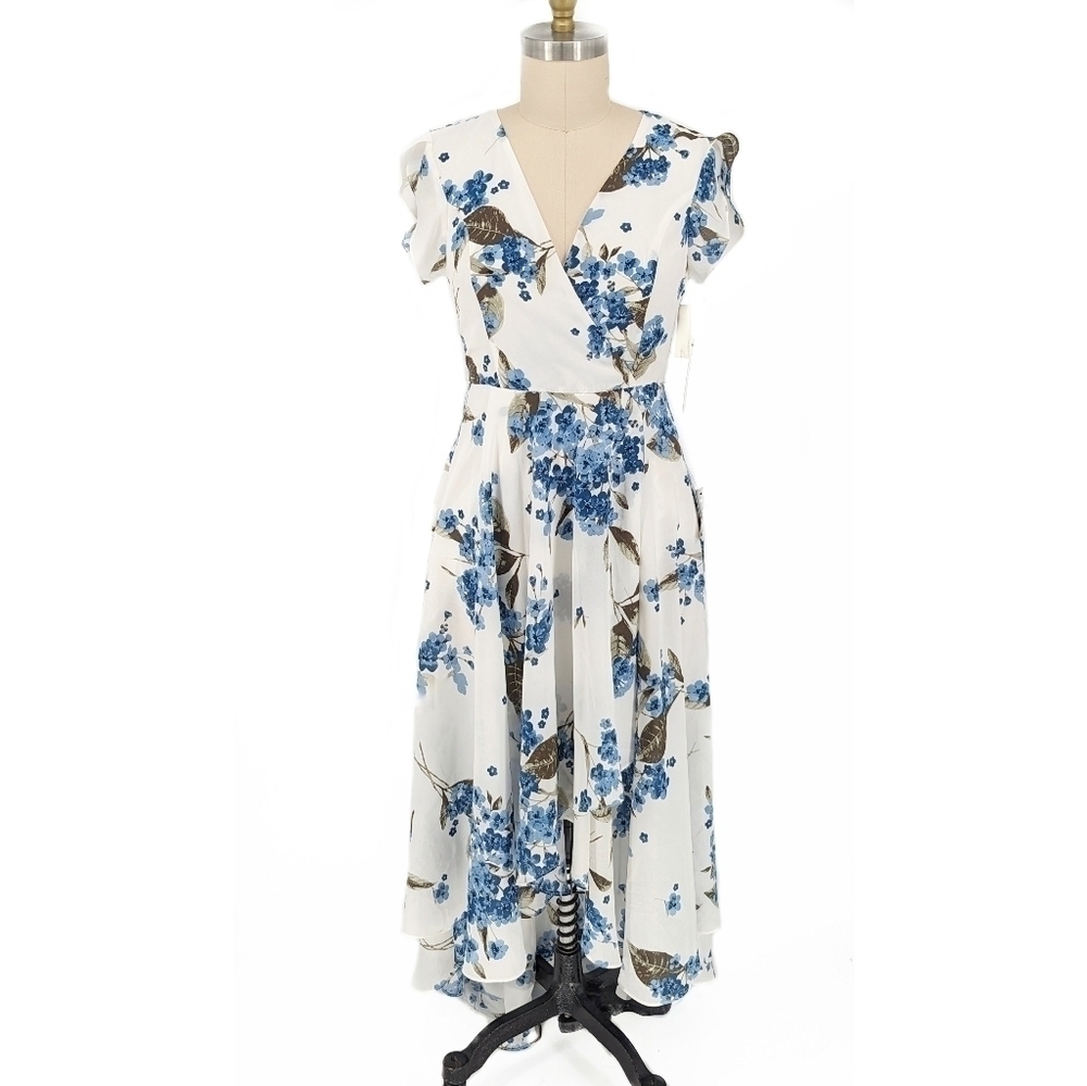 NEW Lulus Floral Faux Wrap High Low Dress White Blue M bohemian wedding party